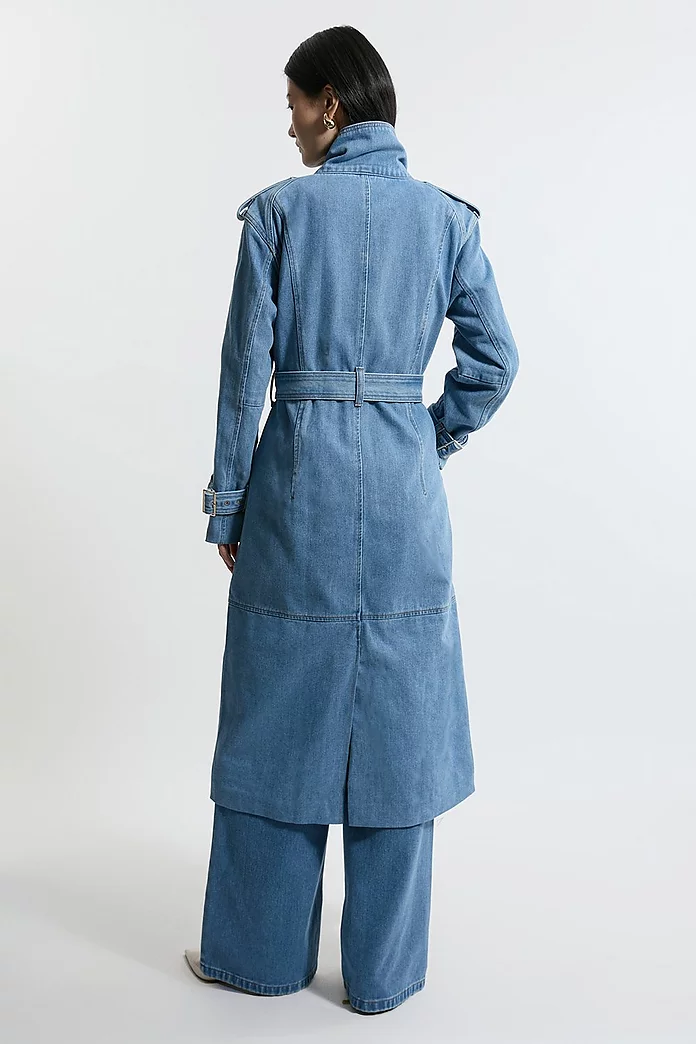 Denim Funnel Neck Belted Maxi Coat | Karen Millen Denim Funnel Neck Belted Maxi Coat | Karen Millen